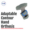 Gray and blue adjustable hand orthosis with padded contour and Velcro straps for wrist and thumb support.