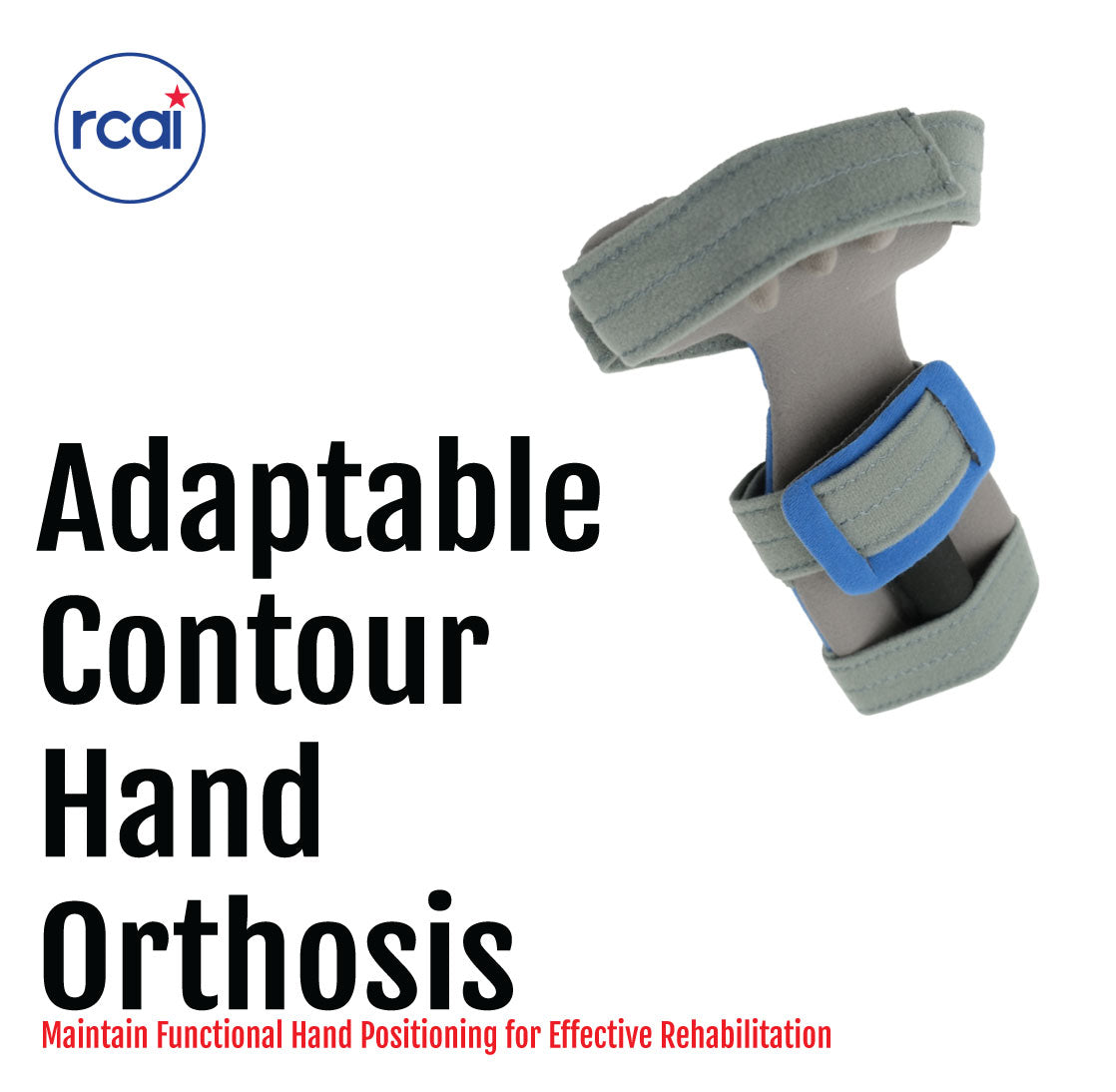 Gray and blue adjustable hand orthosis with padded contour and Velcro straps for wrist and thumb support.