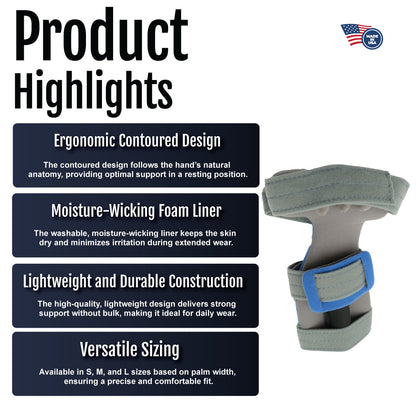 Gray adaptable contour hand orthosis with blue adjustable strap and ergonomic design text highlights.