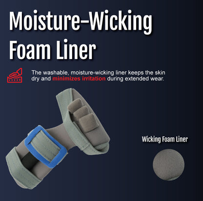 Gray adaptable contour hand orthosis with blue fastening straps and moisture-wicking foam liner detail.