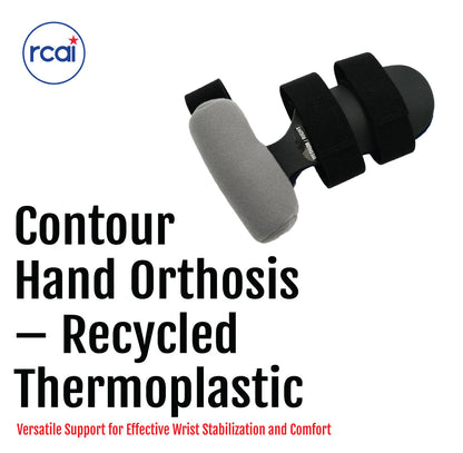 Gray and black contour hand orthosis with adjustable straps for wrist and fingers.