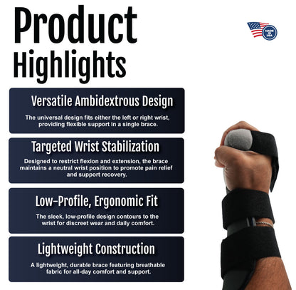 Black wrist brace with low-profile ergonomic design and breathable fabric on a basketball player's wrist.