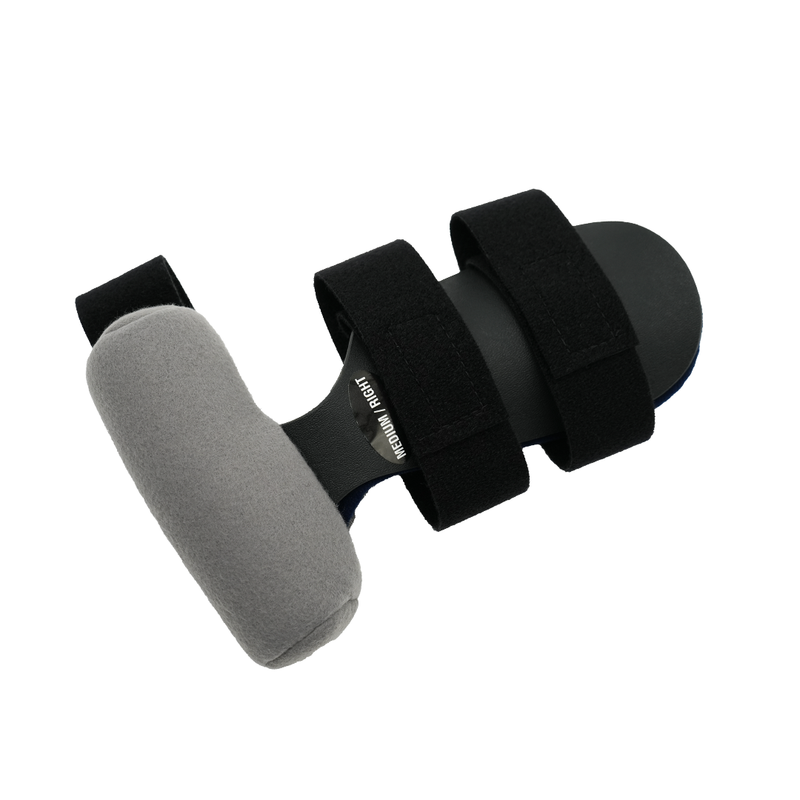 Black brace with grey padded contour, two adjustable black straps, and a pull tab on one end.