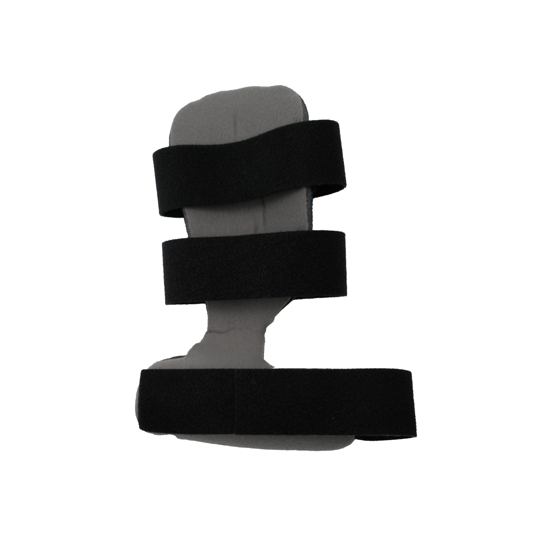 Gray contoured hand brace with three adjustable black Velcro straps for secure fit.