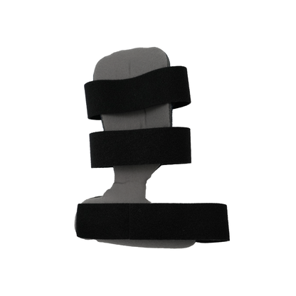 Gray contoured hand brace with three adjustable black Velcro straps for secure fit.
