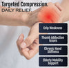 Light beige adaptable geriatric hand support on right hand, highlighting wrist and thumb areas with red glow, made in the.
