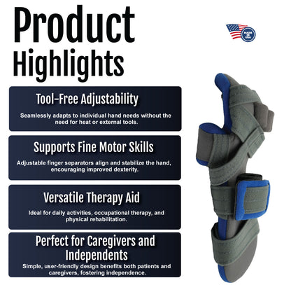 Gray and blue adaptable geriatric hand support with adjustable finger, thumb, and wrist straps.