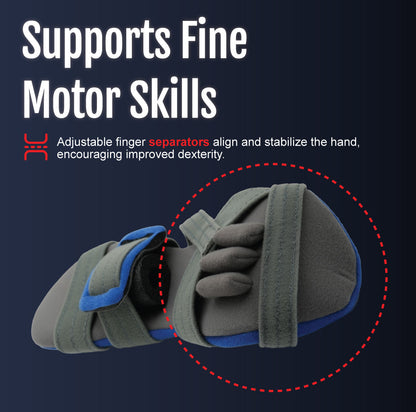 Gray and blue geriatric hand support with adjustable finger separators and wrist strap.
