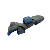Gray and blue adjustable geriatric hand splint with secured wrist, thumb, and finger supports.