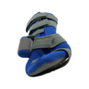 Blue and gray adaptable geriatric hand support with adjustable straps and padded thumb and wrist stabilization.