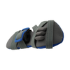 Gray and blue adaptable geriatric hand brace with finger, thumb, and wrist support straps.