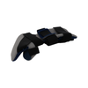 Gray and blue geriatric hand orthosis with adjustable black straps for wrist and fingers support.