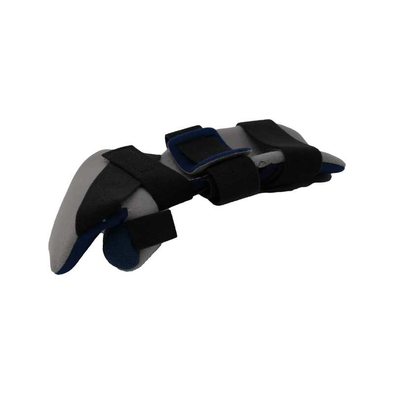 Gray and blue geriatric hand orthosis with adjustable black straps for wrist and fingers support.