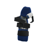 Navy blue geriatric hand orthosis with black adjustable straps and soft gray padding.
