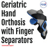 Gray and black geriatric hand orthosis with blue finger separators and adjustable straps.