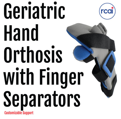 Gray and black geriatric hand orthosis with blue finger separators and adjustable straps.