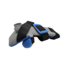 Gray and blue geriatric hand orthosis with finger separators and adjustable black straps.