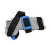 Gray padded hand orthosis with black and blue adjustable straps and finger separators.