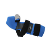 Blue and gray geriatric hand orthosis with black adjustable straps and finger separators.