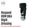 Black and white Respond ROM BKA Rigid Dressing with straps, made in the USA by RCAI logo in top left corner.