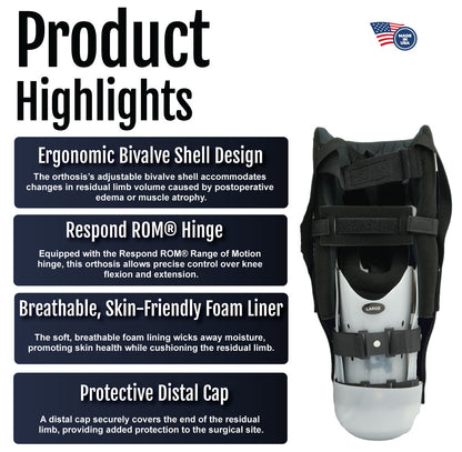 Black Respond ROM BKA rigid dressing with adjustable straps and breathable foam liner.