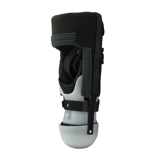 Black and gray rigid knee brace with adjustable straps and a rounded gray footplate.