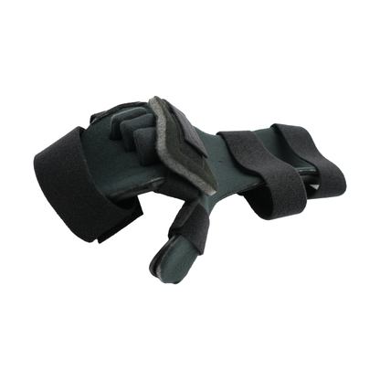 Black and gray neutral thumb resting hand orthosis with finger separators and adjustable straps.