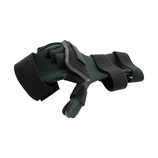 Neutral-colored hand orthosis with finger separators and adjustable black straps.