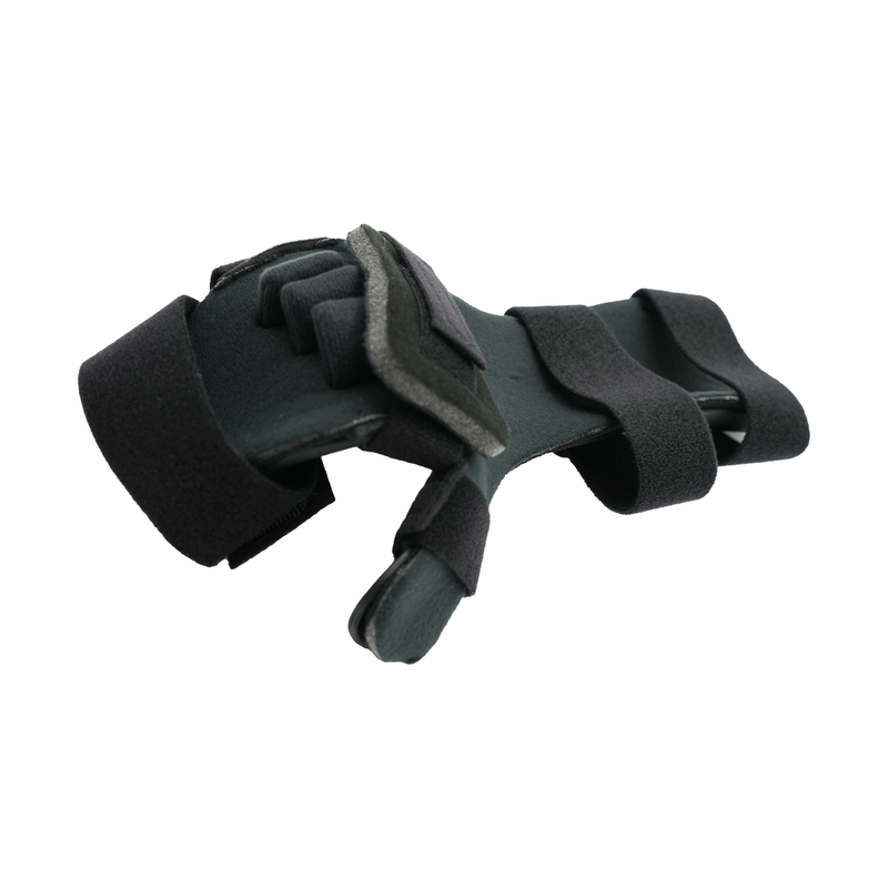 Neutral-colored thumb resting hand orthosis with black adjustable straps and gray finger separators, made in the USA by RCAI.