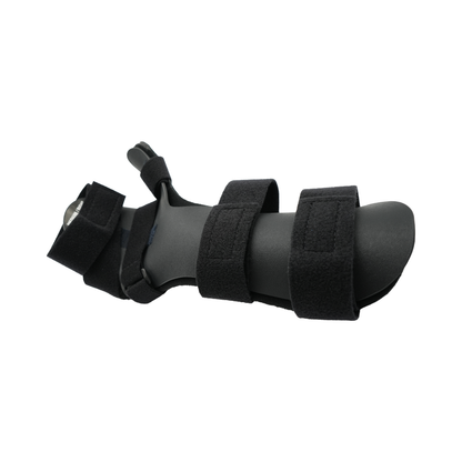 Black neutral thumb resting hand orthosis with finger separators and adjustable Velcro straps.
