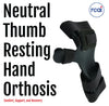 Black neutral thumb resting hand orthosis with three adjustable velcro straps, made in the USA, rcai logo visible on white.