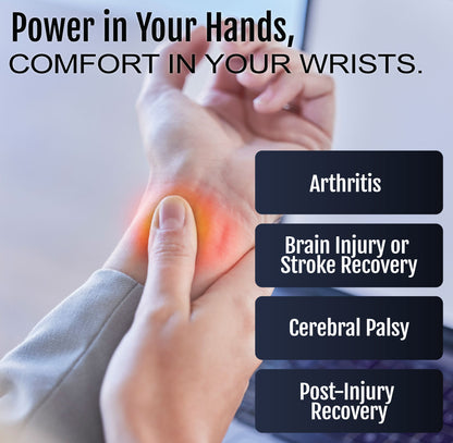 Hand wearing neutral thumb resting orthosis with finger separators, shown on wrist with hand support text background.