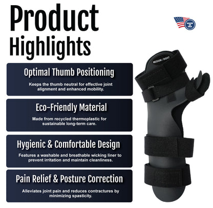 Black adjustable neutral thumb resting hand orthosis with finger separators and padded straps on white background.