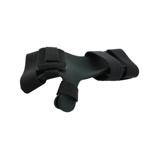 Black neutral thumb resting hand splint with adjustable Velcro straps and durable foam padding.