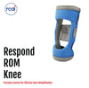 Blue Respond ROM Knee brace with gray padding and adjustable straps, made in the USA by RCAI.