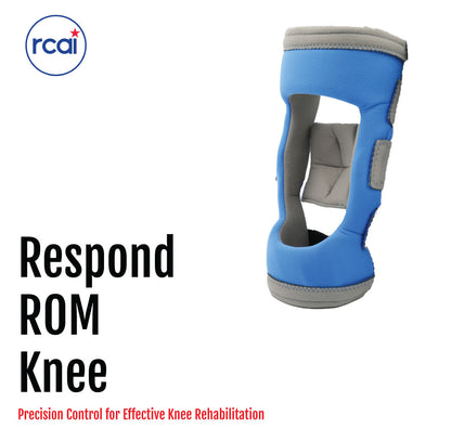 Blue and gray Respond ROM Knee brace with adjustable straps and cut-out design for joint support.