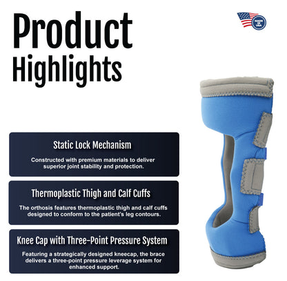 Blue Respond ROM Knee brace with three adjustable gray straps and padded knee cap.