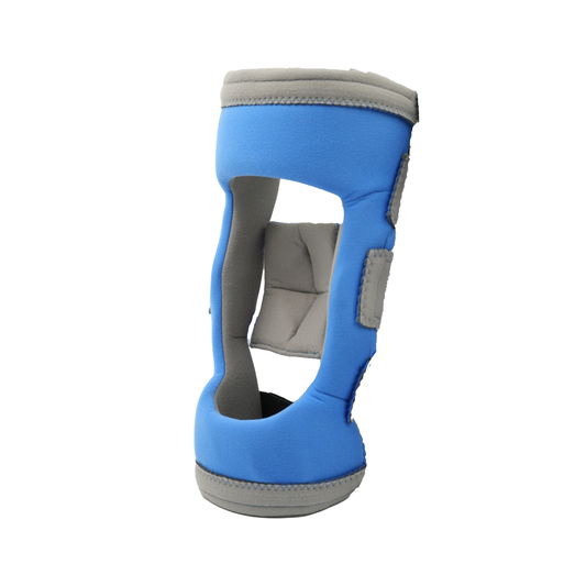Blue and gray open-frame knee brace with cushioned support and adjustable straps.