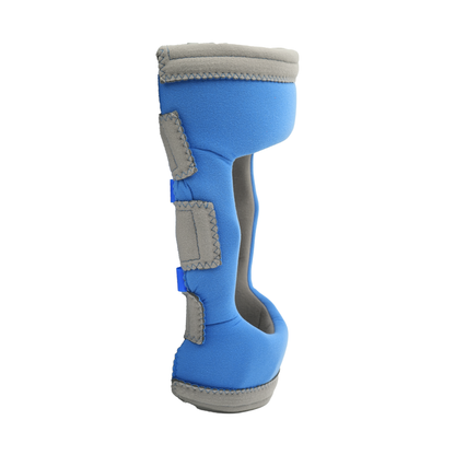 Blue Respond ROM knee brace with adjustable gray Velcro straps and gray trim.