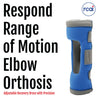 Blue and gray adjustable RCAI Respond ROM elbow orthosis brace with padded edges, made in the USA.