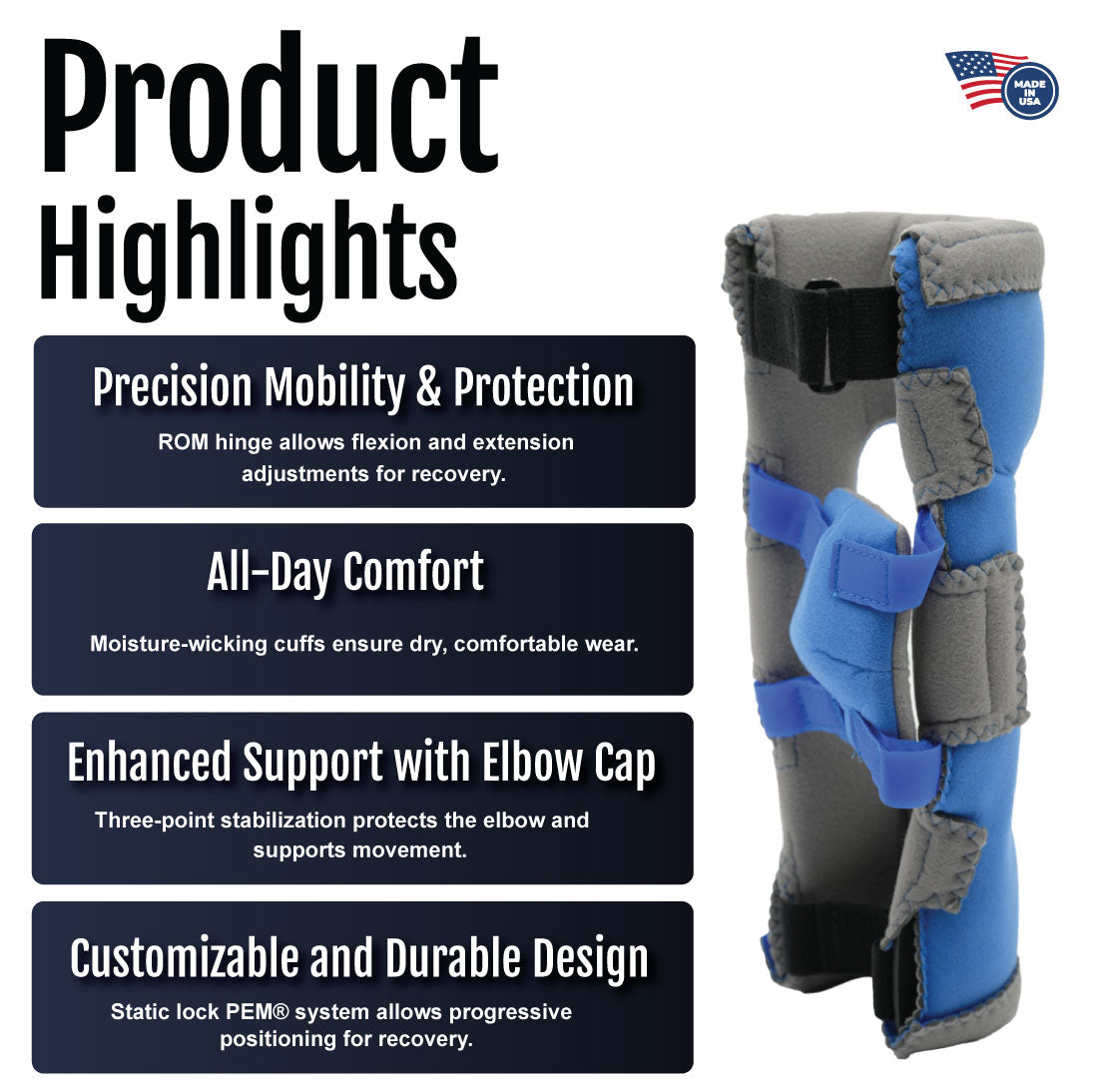 Black and blue adjustable elbow brace with padded support and multiple Velcro straps.