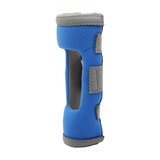 Blue elbow orthosis brace with adjustable gray straps and black inner support panel.