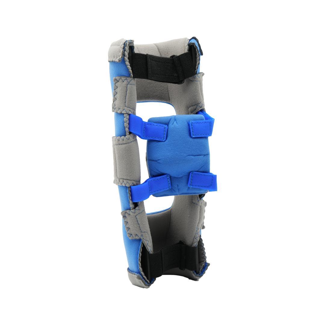 Adjustable blue and gray elbow orthosis brace with padded support and multiple Velcro straps.