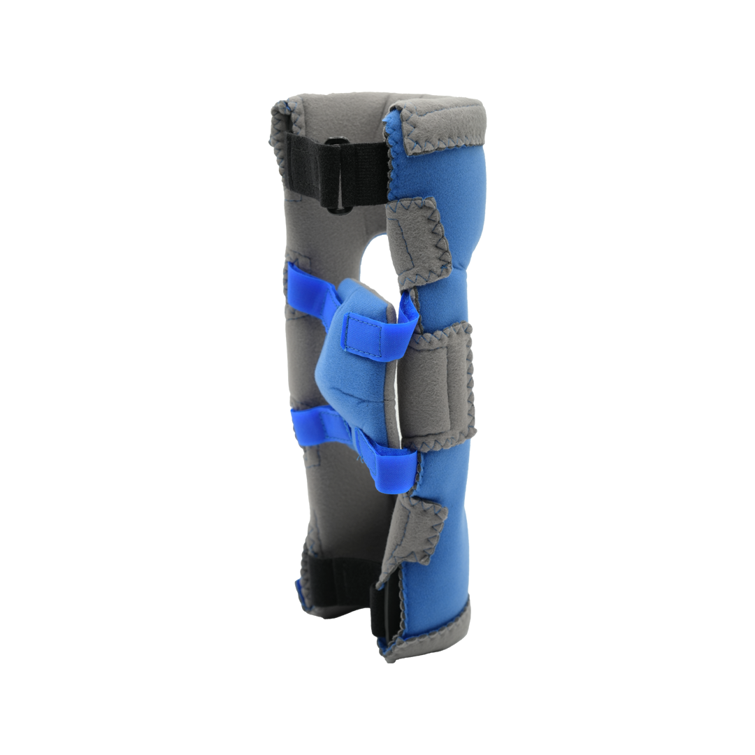 Blue and gray adjustable elbow brace with multiple padded straps and reinforced support panels.