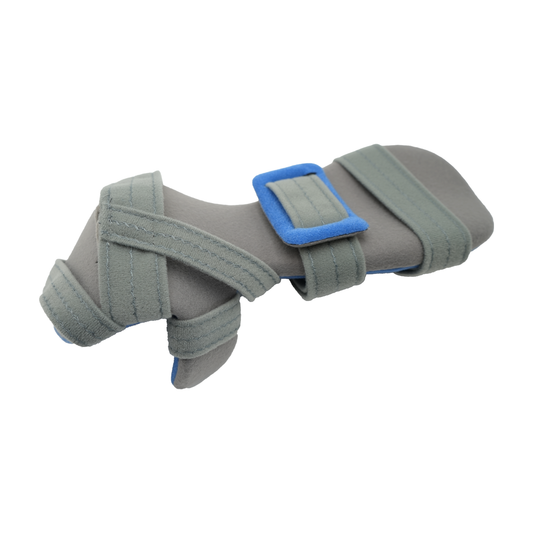Gray adjustable resting hand support with blue accents and multiple Velcro straps.