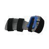 Gray resting hand orthosis with blue finger separator and three adjustable black straps.