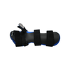 Black resting hand orthosis with blue finger separators and three adjustable black straps.