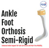 White semi-rigid ankle foot orthosis with beige adjustable strap and curved calf support.