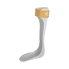 Semi-rigid ankle foot orthosis in white with beige adjustable strap for right foot support.