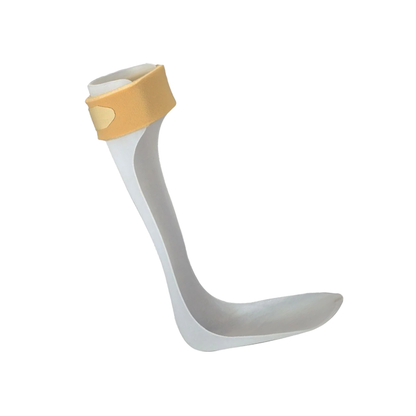 White semi-rigid ankle foot orthosis with beige adjustable strap and contoured footplate.
